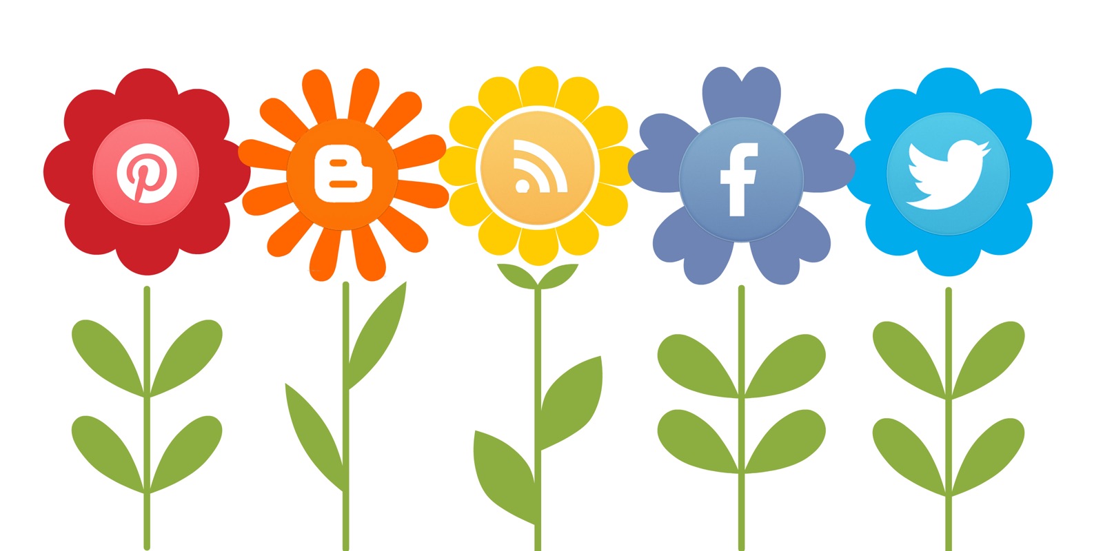 Ilustração de flores com o ícone de uma rede social diferente no miolo de cada uma, entre elas Pinterest, Blogger, RSS, Facebook e Twitter